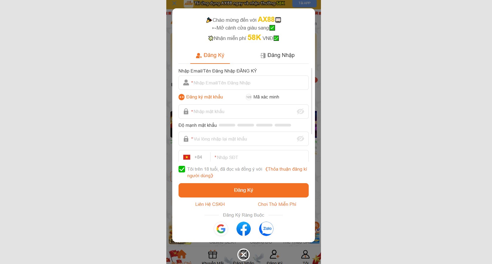 Điền đầy đủ thông tin theo yêu cầu từ nhà cái AX88