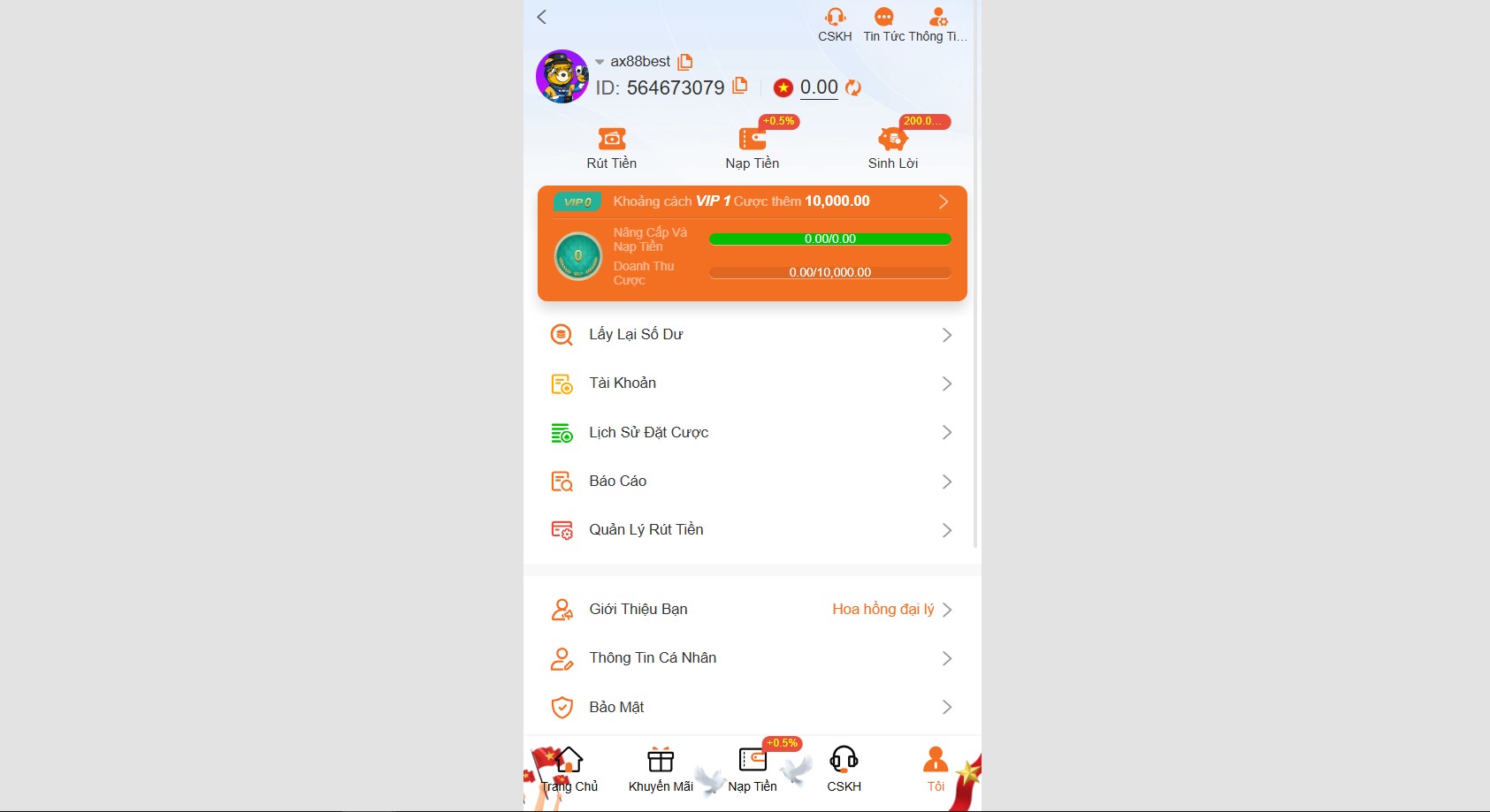 Giao diện trang tài khoản, nơi vào trang rút tiền AX88